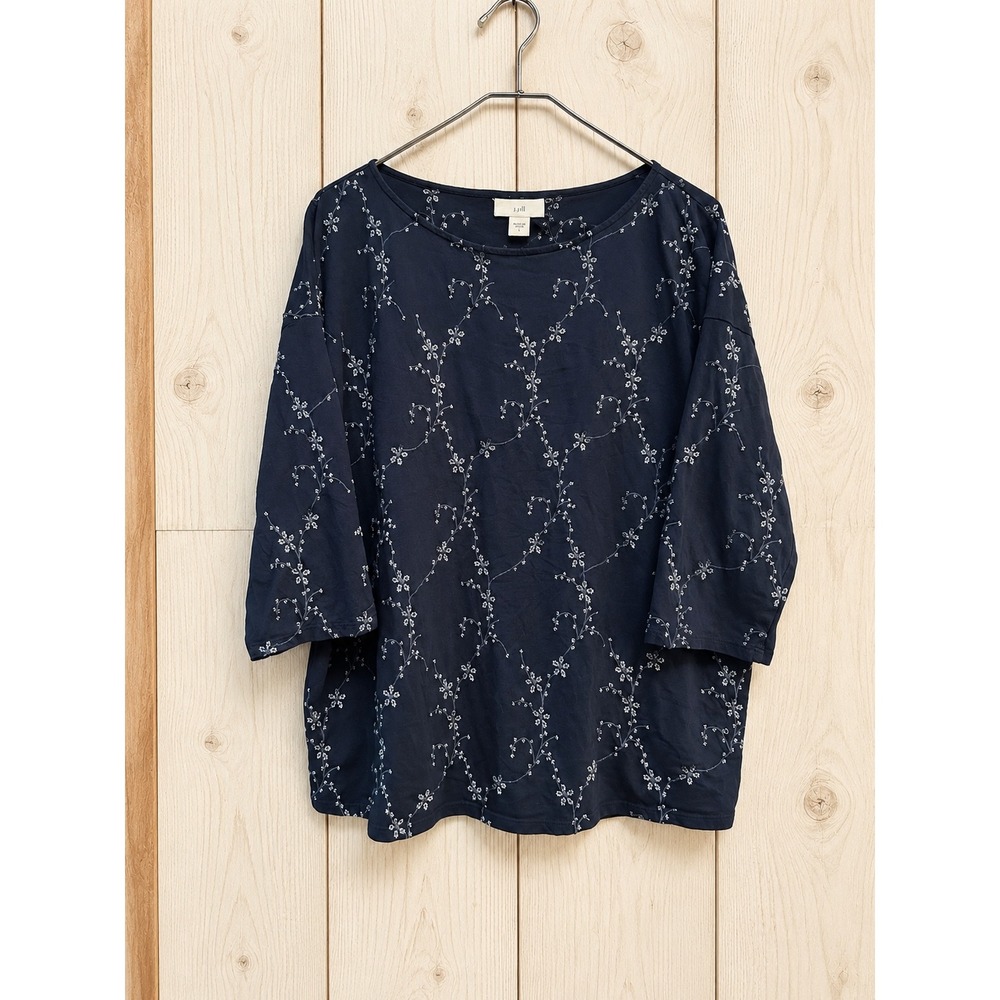 J. Jill Navy Blue Floral Embroidered Cotton Modal 3/4 Sleeve Top Large